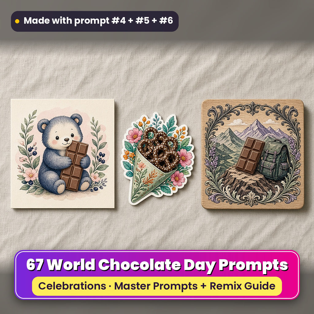 World Chocolate Day prompt pack: 67 master prompts + Remix Guide, with a UV-printed greeting card, acrylic ornament and mug set made with prompts #4, #5 and #6
