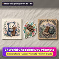 World Chocolate Day prompt pack: 67 master prompts + Remix Guide, with a UV-printed greeting card, acrylic ornament and mug set made with prompts #4, #5 and #6