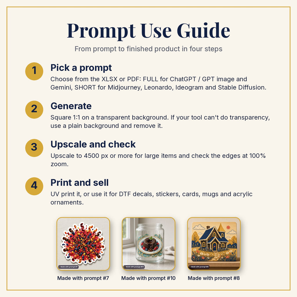 Prompt Use Guide: pick a prompt, generate, upscale and check, then print and sell, with example products made with prompts #7, #10 and #8