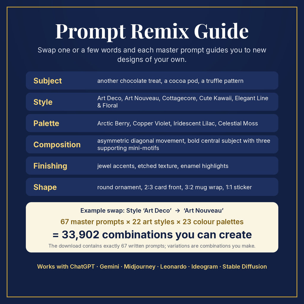Prompt Remix Guide: swap subject, style, palette, composition, finishing and shape; 67 master prompts × 22 styles × 23 palettes = 33,902 combinations you can create