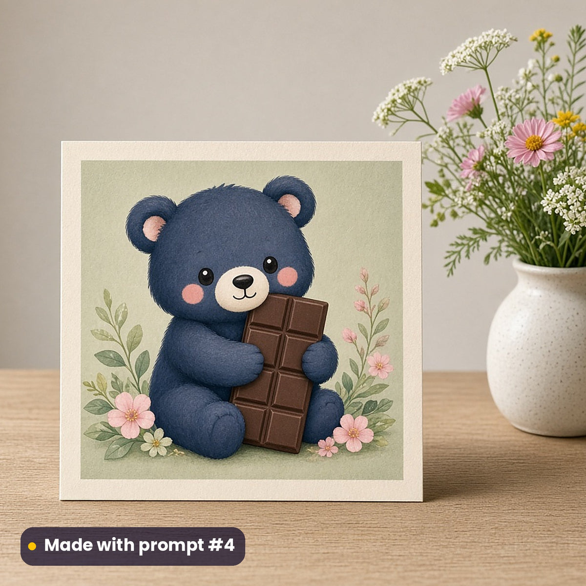 World Chocolate Day artwork printed on a flat-printed greeting card: cute bear cub hugging a chocolate bar, cute kawaii style, made with prompt #4 from this pack