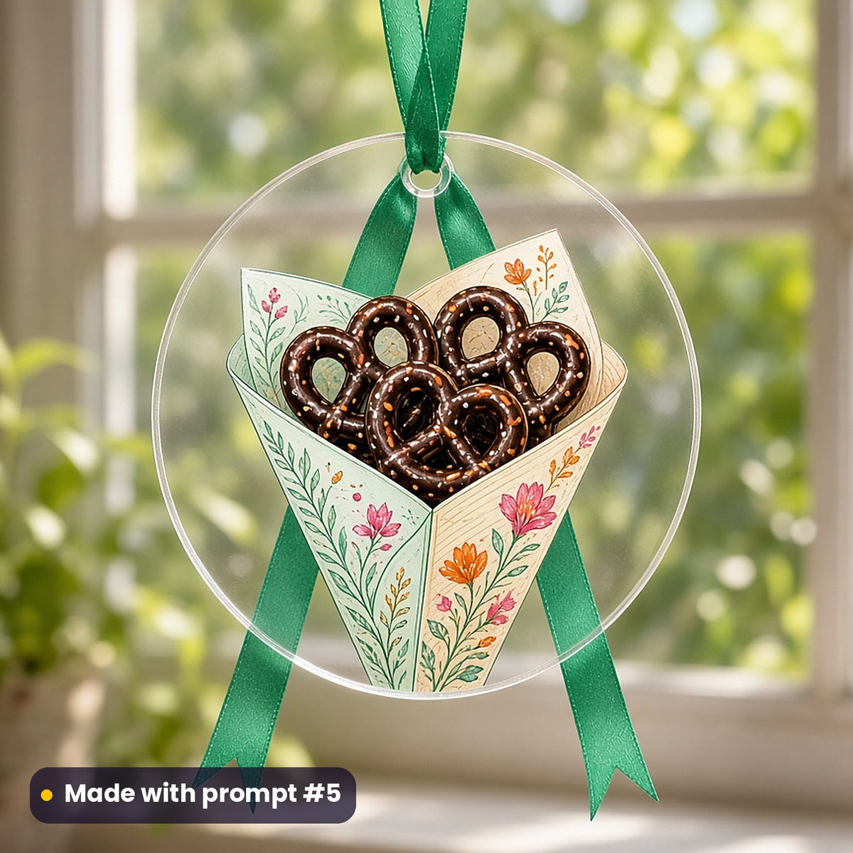 World Chocolate Day artwork printed on a UV-printed clear acrylic ornament: chocolate-coated pretzels in a paper cone, elegant line & floral style, made with prompt #5 from this pack