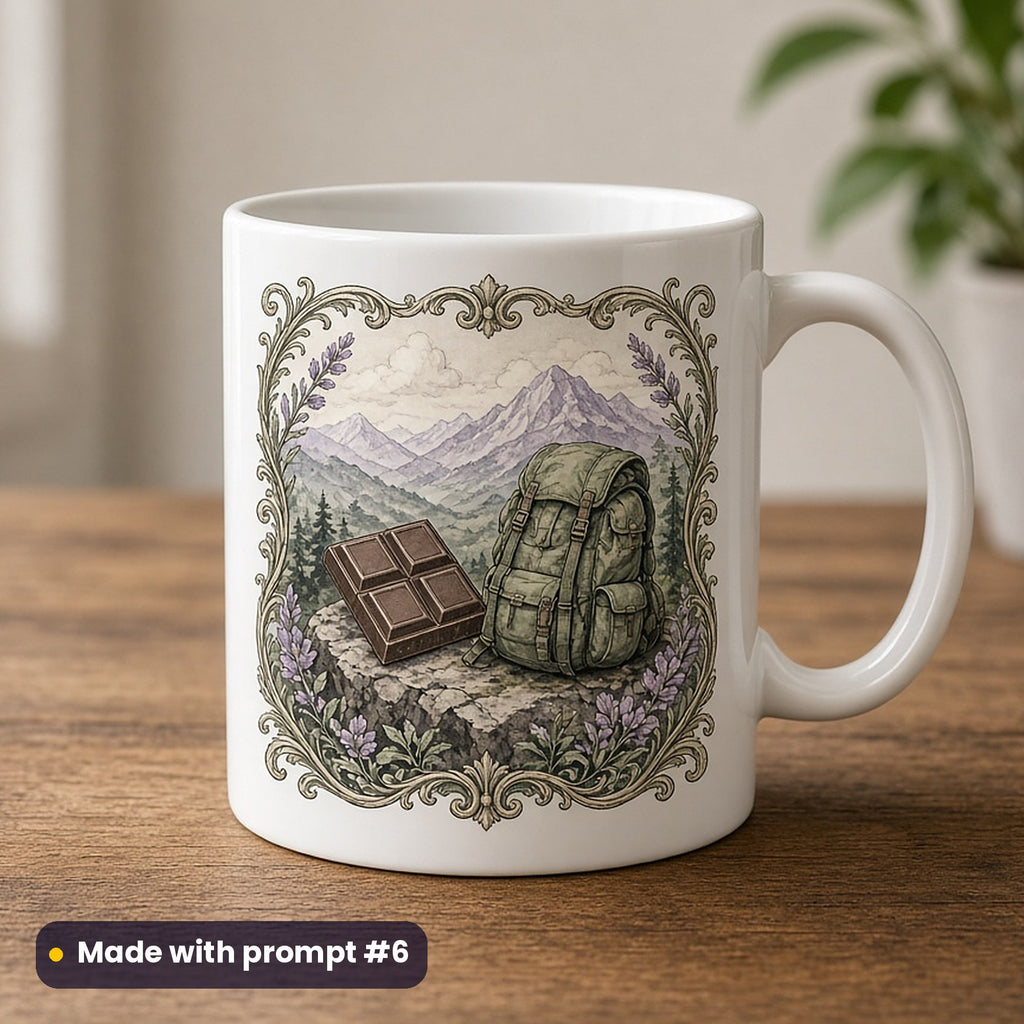 World Chocolate Day artwork printed on a UV-printed ceramic mug: hiker with a chocolate bar on a summit, fantasy heraldic style, made with prompt #6 from this pack
