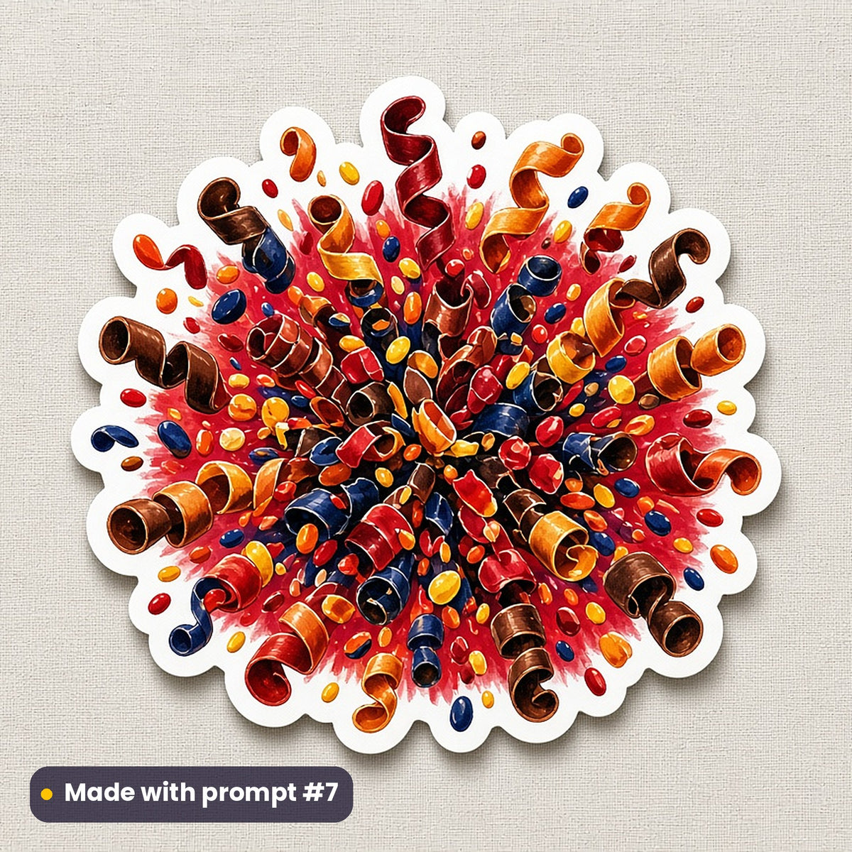 World Chocolate Day artwork printed on a die-cut vinyl sticker: chocolate confetti sprinkles, fantasy luminous style, made with prompt #7 from this pack
