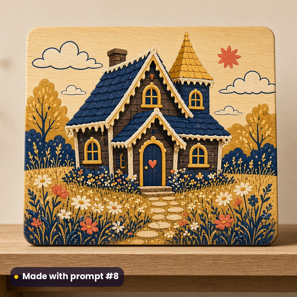 World Chocolate Day artwork printed on a UV-printed wooden plaque: enchanted chocolate cottage of original design, folk art style, made with prompt #8 from this pack