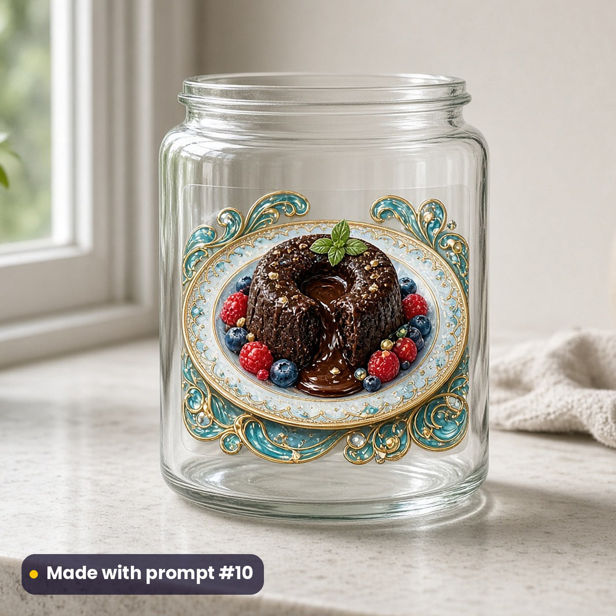 World Chocolate Day artwork printed on a UV DTF decal on glass: molten chocolate lava cake, luxury enamel & gemstone style, made with prompt #10 from this pack
