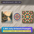Complete July prompt library: 2,862 master prompts + Remix Guide, with a UV-printed greeting card, acrylic ornament and mug set made with prompts #11, #503 and #60