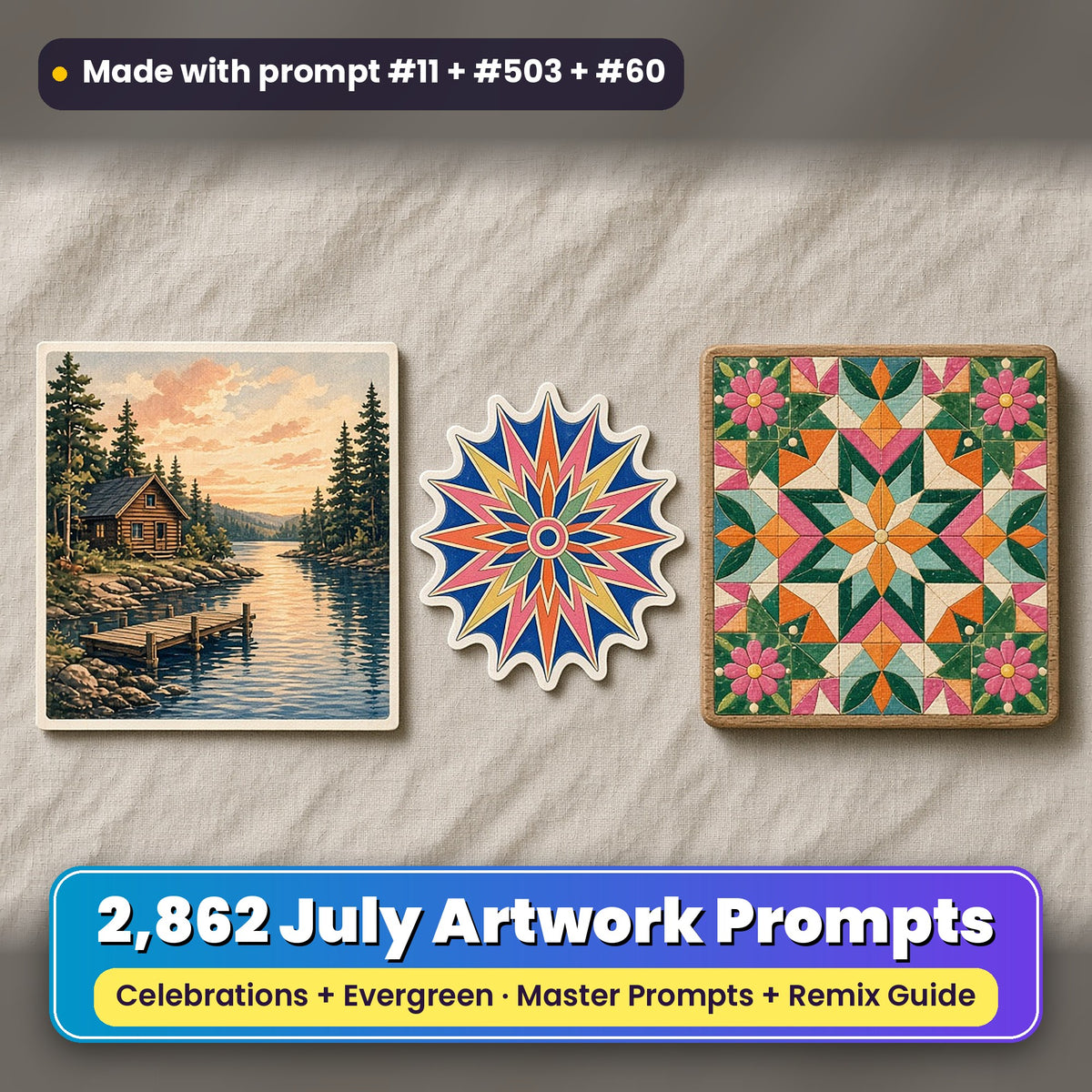 Complete July prompt library: 2,862 master prompts + Remix Guide, with a UV-printed greeting card, acrylic ornament and mug set made with prompts #11, #503 and #60