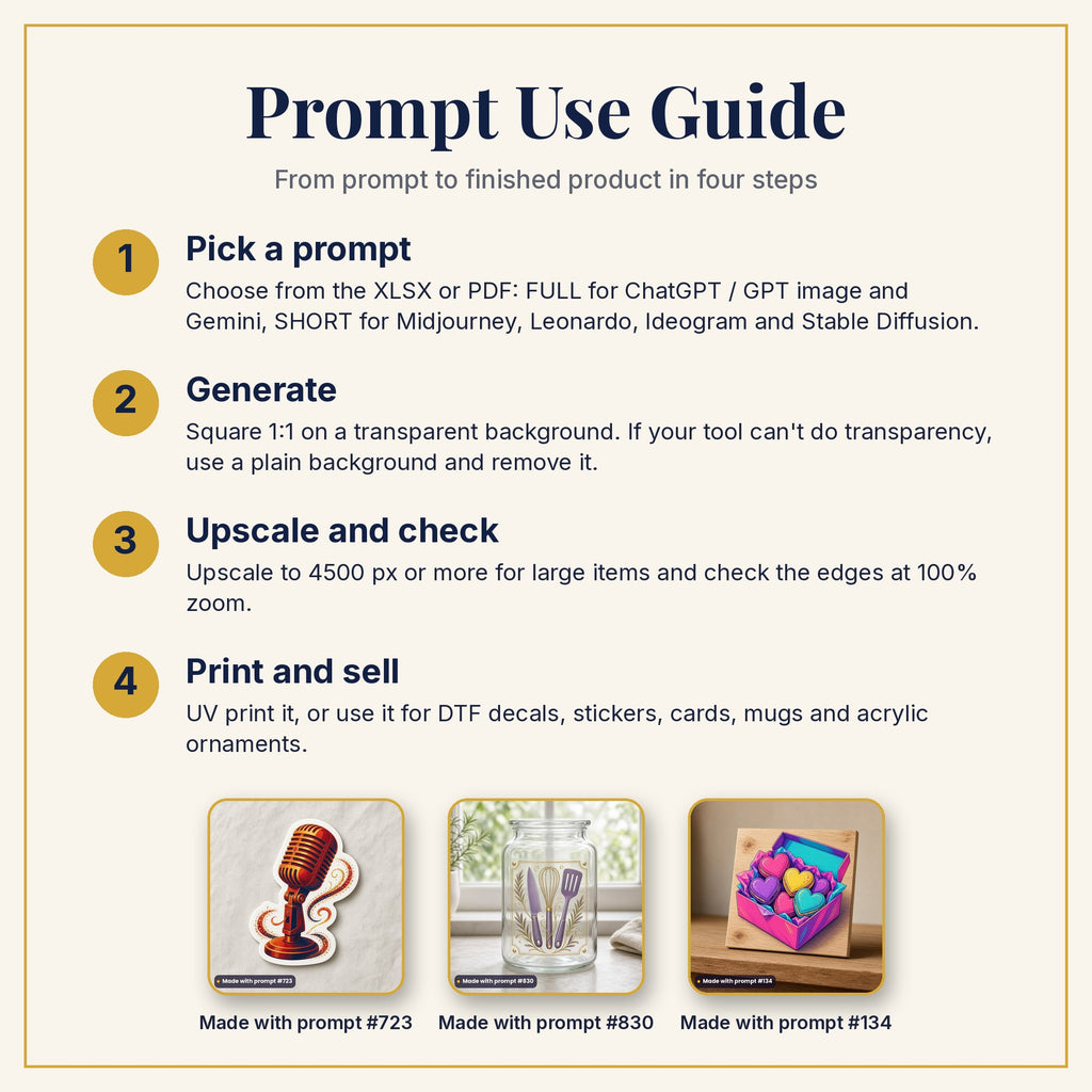 Prompt Use Guide: pick a prompt, generate, upscale and check, then print and sell, with example products made with prompts #723, #830 and #134