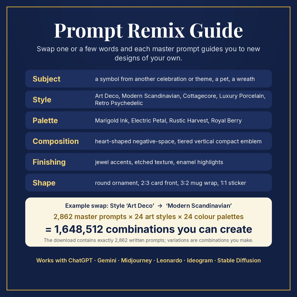 Prompt Remix Guide: swap subject, style, palette, composition, finishing and shape; 2,862 master prompts × 24 styles × 24 palettes = 1,648,512 combinations you can create