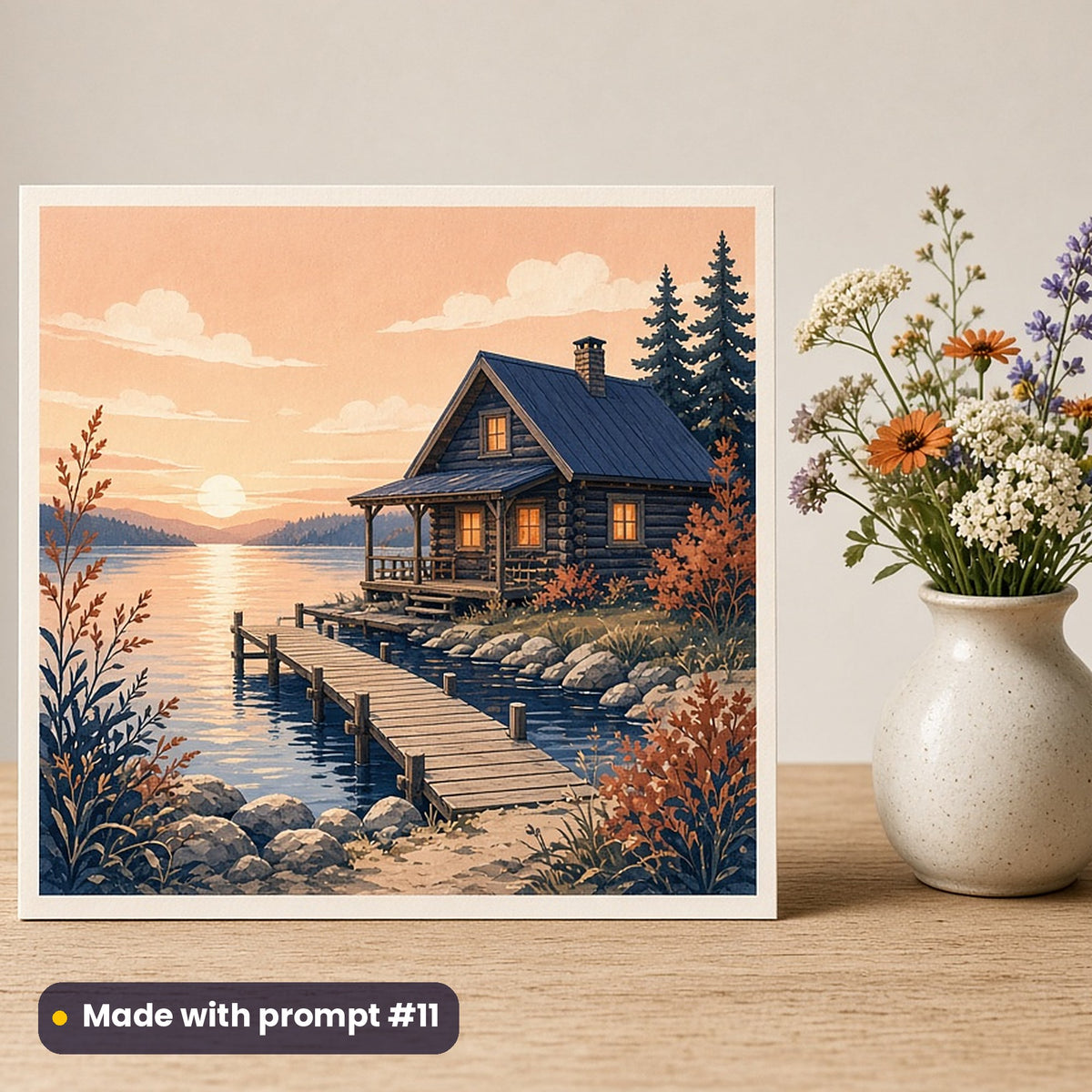 Canada Day artwork printed on a flat-printed greeting card: log cabin dock at golden hour, luxury porcelain style, made with prompt #11 from this pack