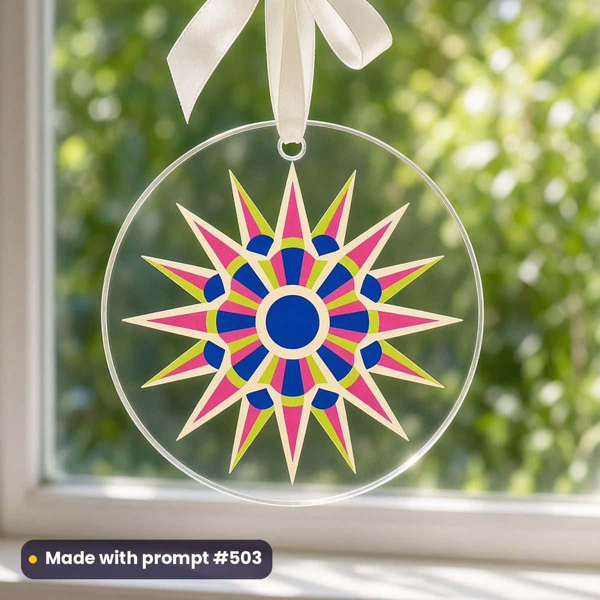 Geometric & Ornament artwork printed on a UV-printed clear acrylic ornament: art deco symmetrical sun, retro psychedelic style, made with prompt #503 from this pack