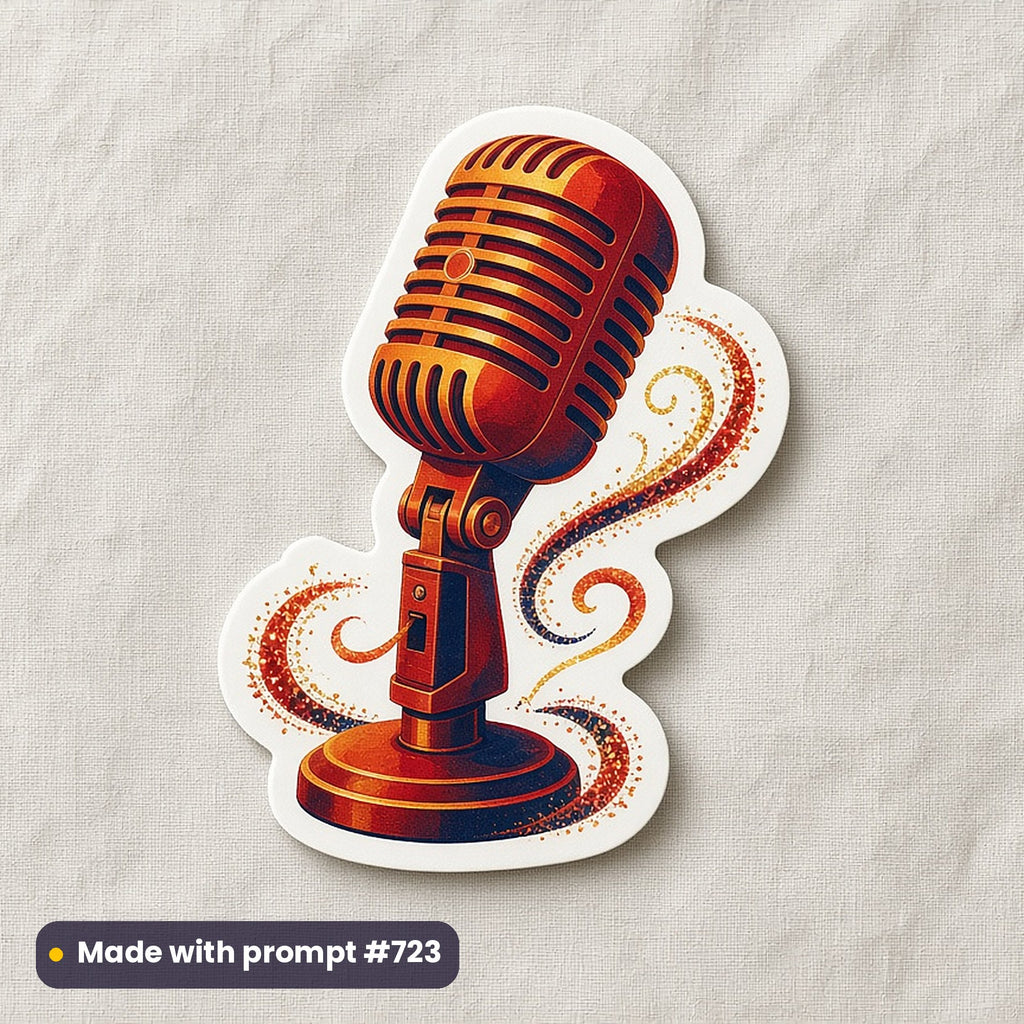Music & Performing Arts artwork printed on a die-cut vinyl sticker: microphone with glitter swirls, luxury enamel & gemstone style, made with prompt #723 from this pack