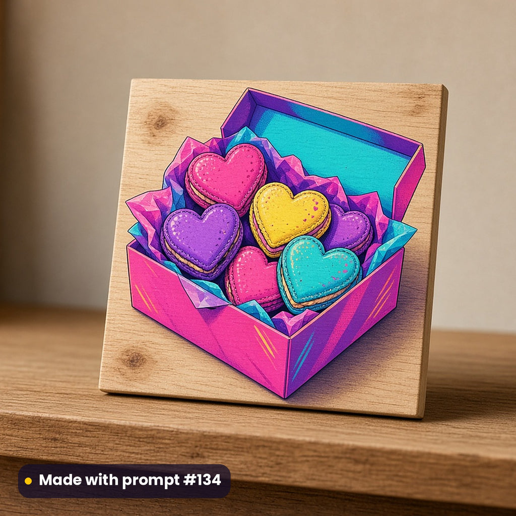 International Kissing Day artwork printed on a UV-printed wooden plaque: heart-shaped macarons in a box, neon graphic style, made with prompt #134 from this pack