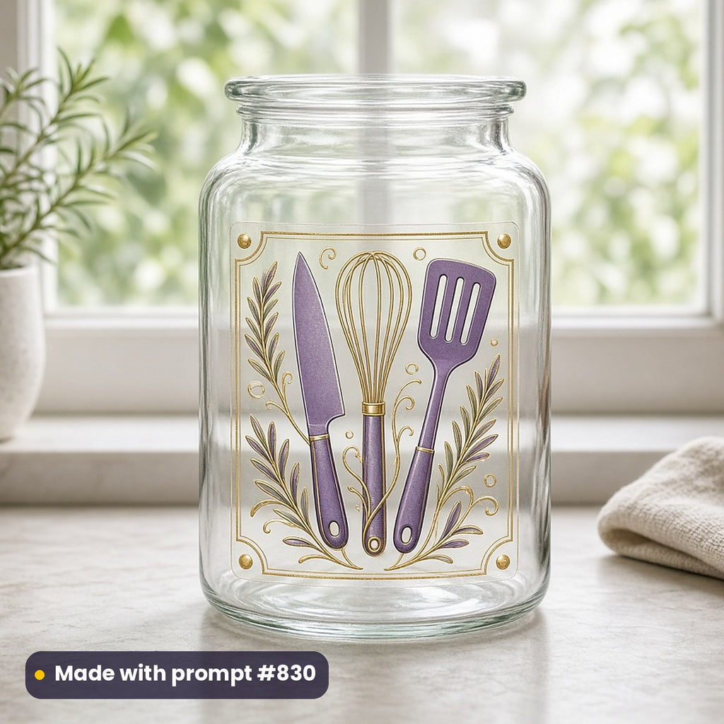 Trades & Careers artwork printed on a UV DTF decal on glass: chef tools and rosemary, art nouveau style, made with prompt #830 from this pack
