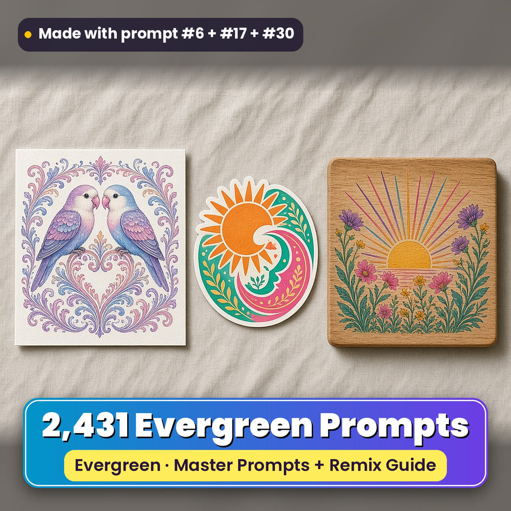 July Evergreen prompt library: 2,431 master prompts + Remix Guide, with a UV-printed greeting card, acrylic ornament and mug set made with prompts #6, #17 and #30
