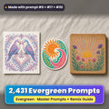 July Evergreen prompt library: 2,431 master prompts + Remix Guide, with a UV-printed greeting card, acrylic ornament and mug set made with prompts #6, #17 and #30