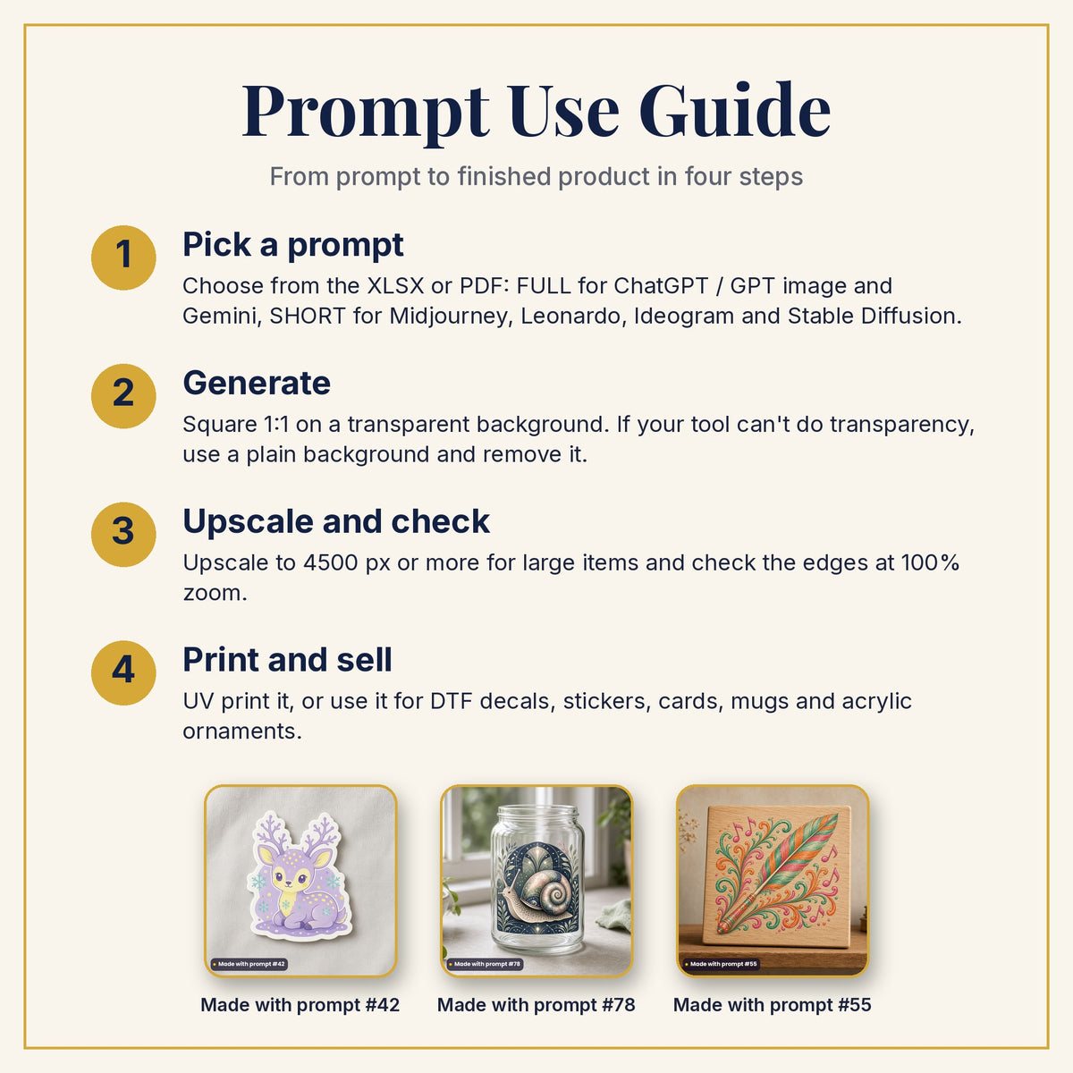 Prompt Use Guide: pick a prompt, generate, upscale and check, then print and sell, with example products made with prompts #42, #78 and #55