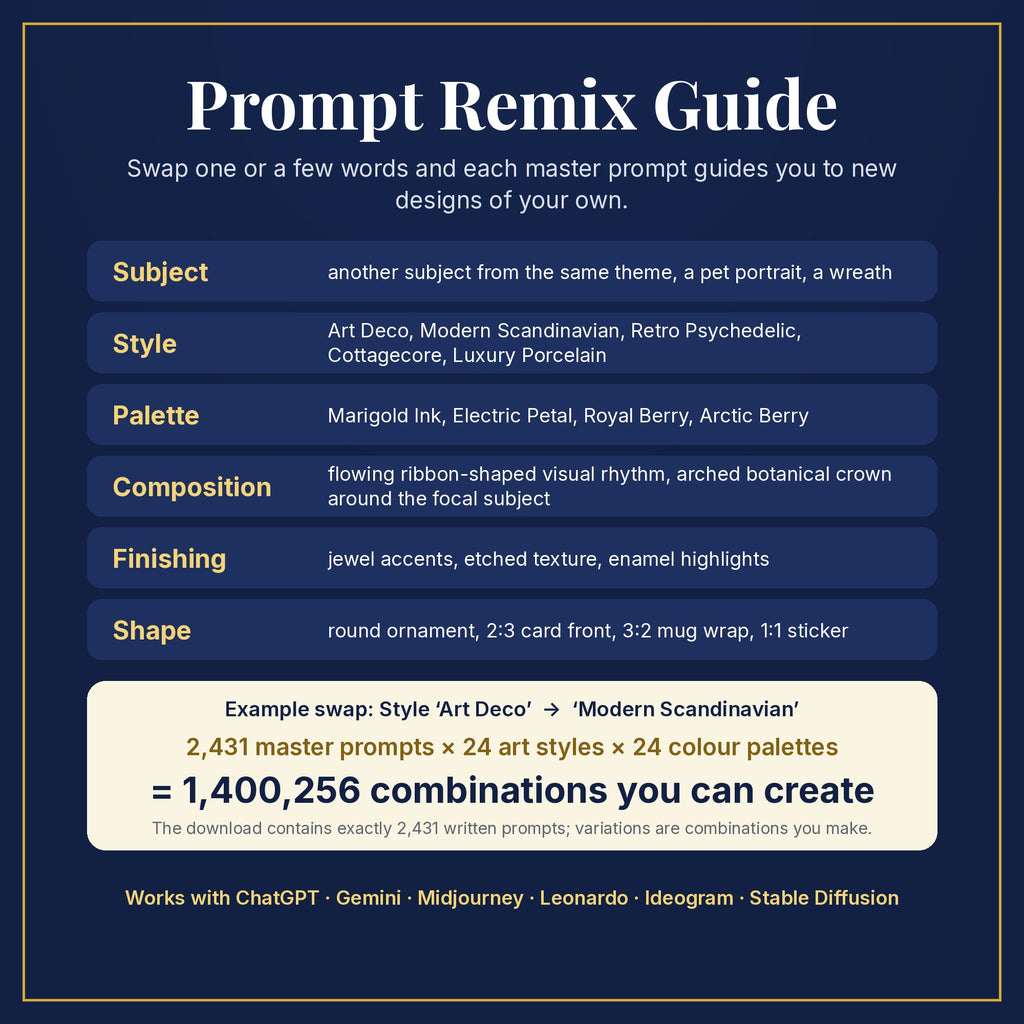 Prompt Remix Guide: swap subject, style, palette, composition, finishing and shape; 2,431 master prompts × 24 styles × 24 palettes = 1,400,256 combinations you can create