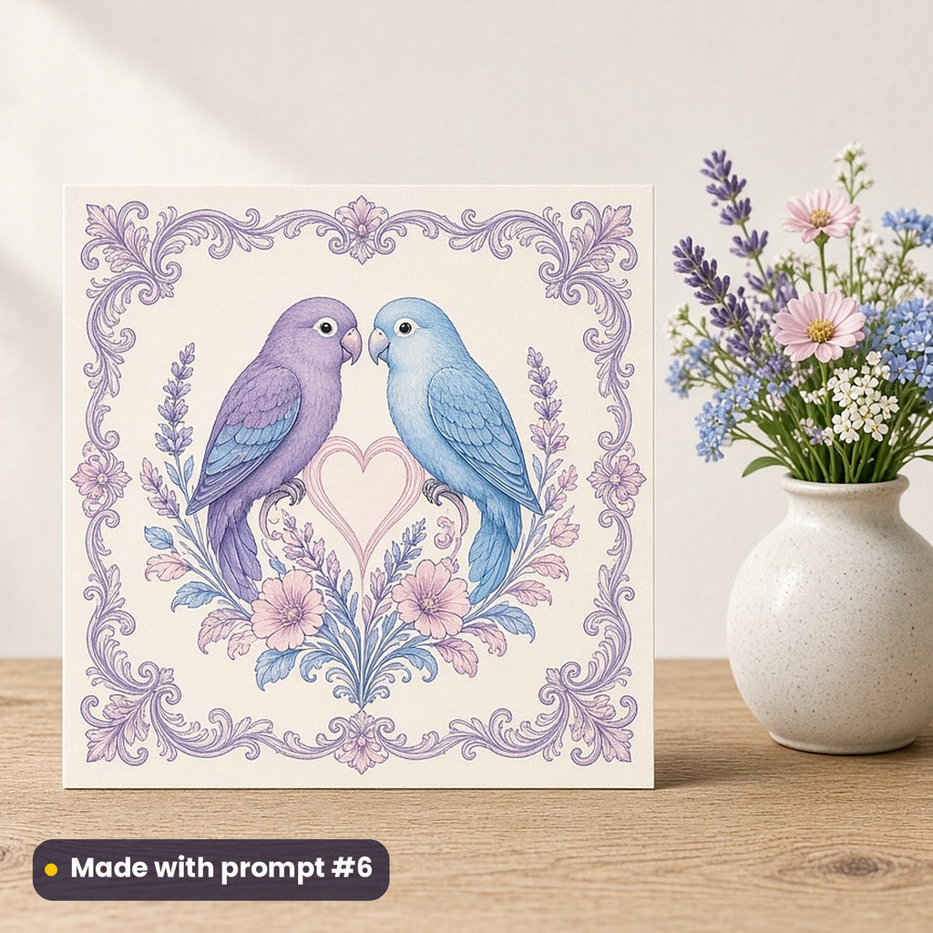 Wedding & Keepsakes artwork printed on a flat-printed greeting card: two-lovebirds heart crest, elegant line & floral style, made with prompt #6 from this pack