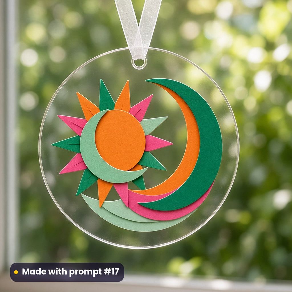 Celestial & Astrology artwork printed on a UV-printed clear acrylic ornament: sun-and-moon embrace, papercut relief illusion style, made with prompt #17 from this pack