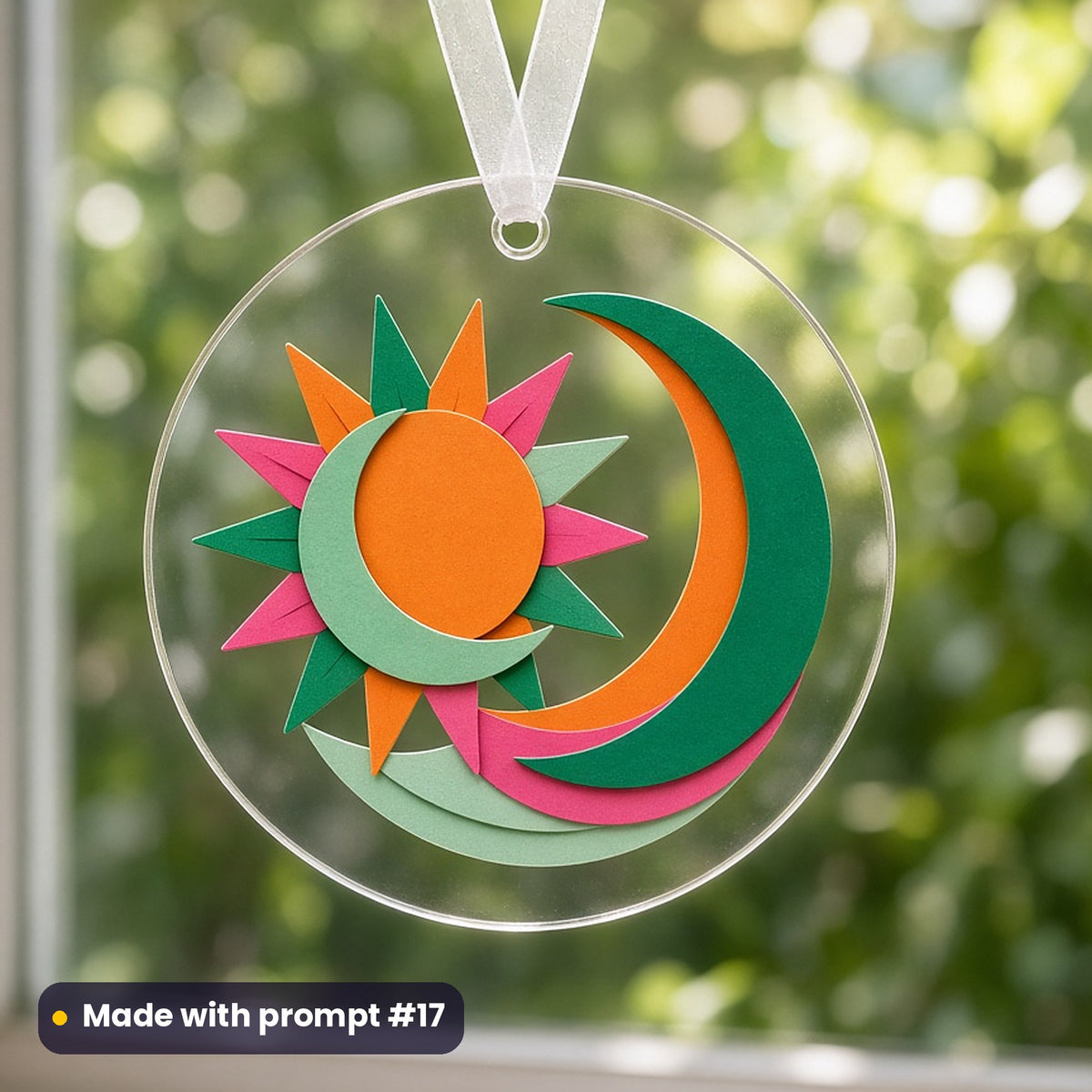 Celestial & Astrology artwork printed on a UV-printed clear acrylic ornament: sun-and-moon embrace, papercut relief illusion style, made with prompt #17 from this pack