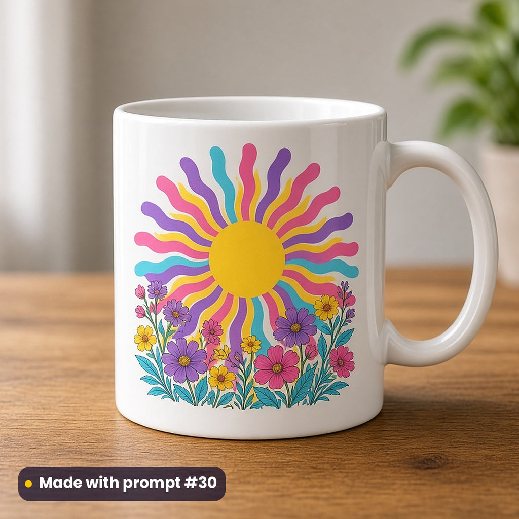 Retro & Nostalgia artwork printed on a UV-printed ceramic mug: 1970s smiling sun, vintage botanical style, made with prompt #30 from this pack