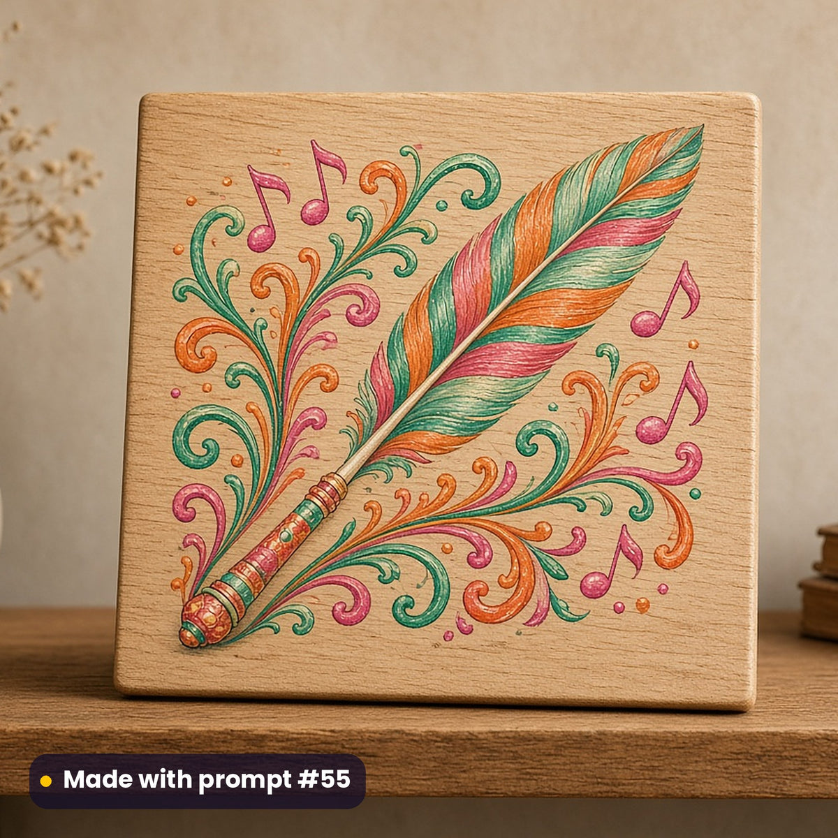 Music & Performing Arts artwork printed on a UV-printed wooden plaque: orchestra conductor baton crest, whimsical storybook style, made with prompt #55 from this pack