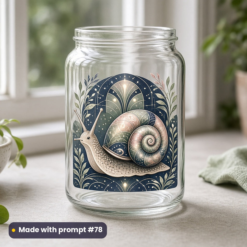 Fantasy Creatures artwork printed on a UV DTF decal on glass: enchanted snail, art deco style, made with prompt #78 from this pack