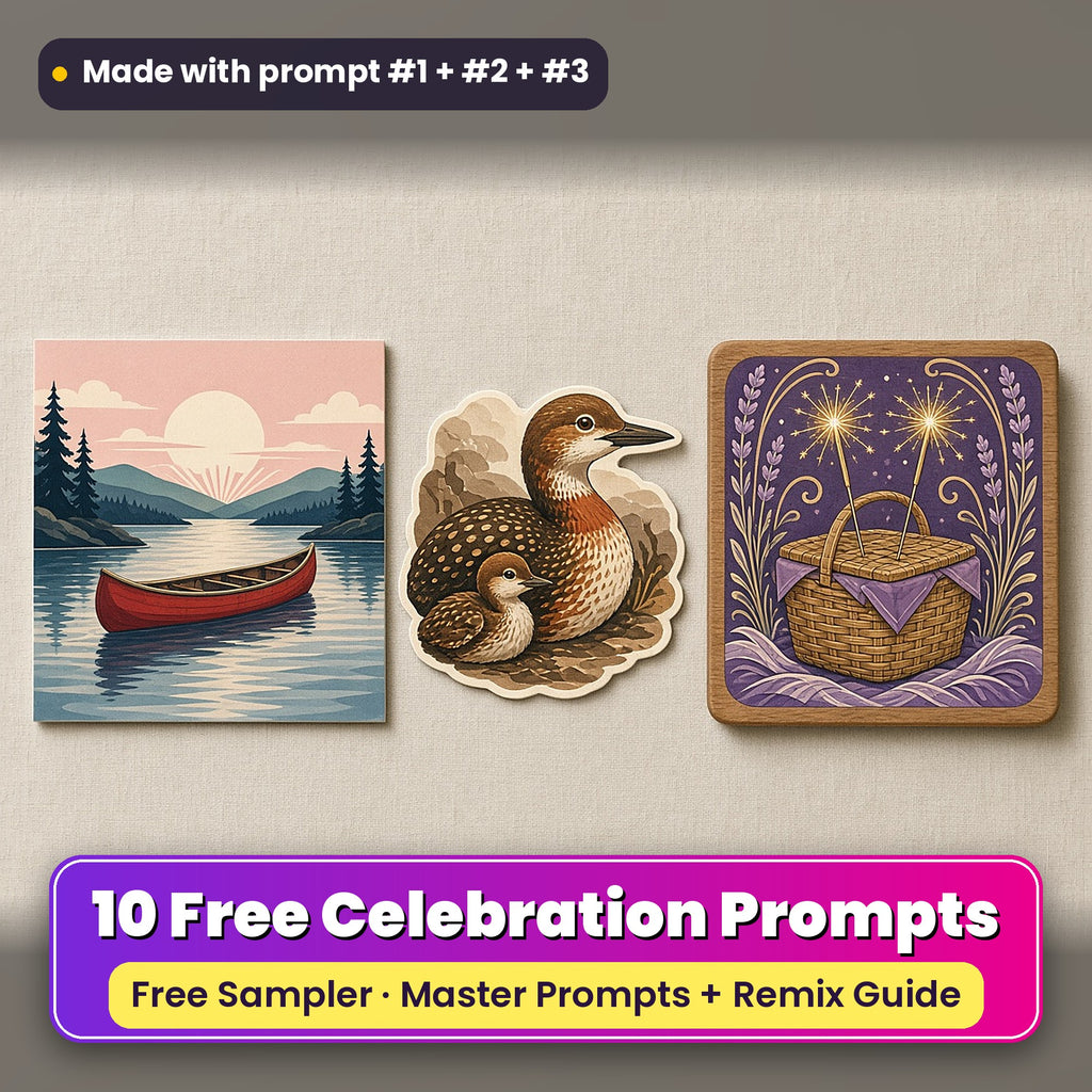 Worldwide Celebrations Free Prompt Sampler prompt pack: 10 master prompts + Remix Guide, with a UV-printed greeting card, acrylic ornament and mug set made with prompts #1, #2 and #3