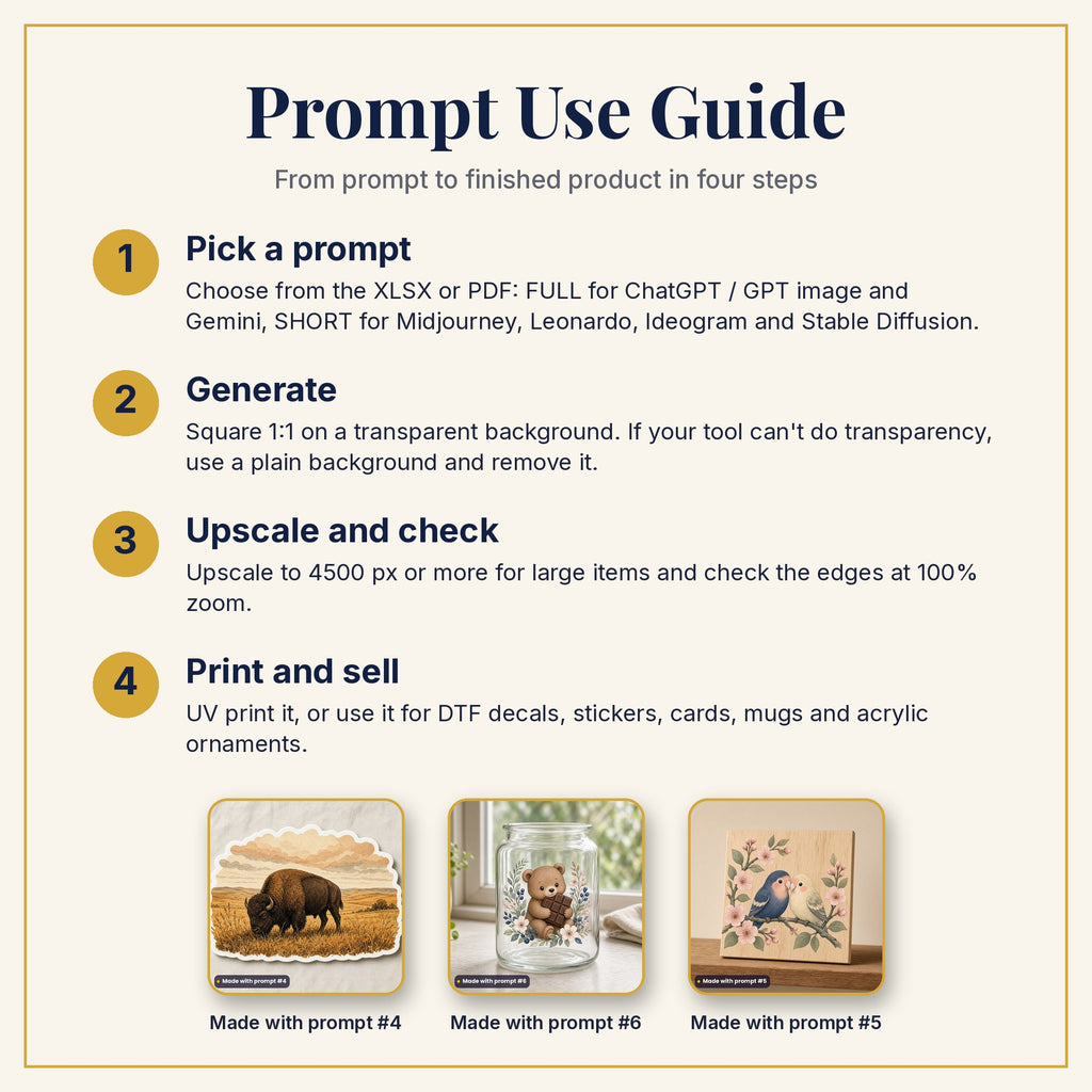 Prompt Use Guide: pick a prompt, generate, upscale and check, then print and sell, with example products made with prompts #4, #6 and #5