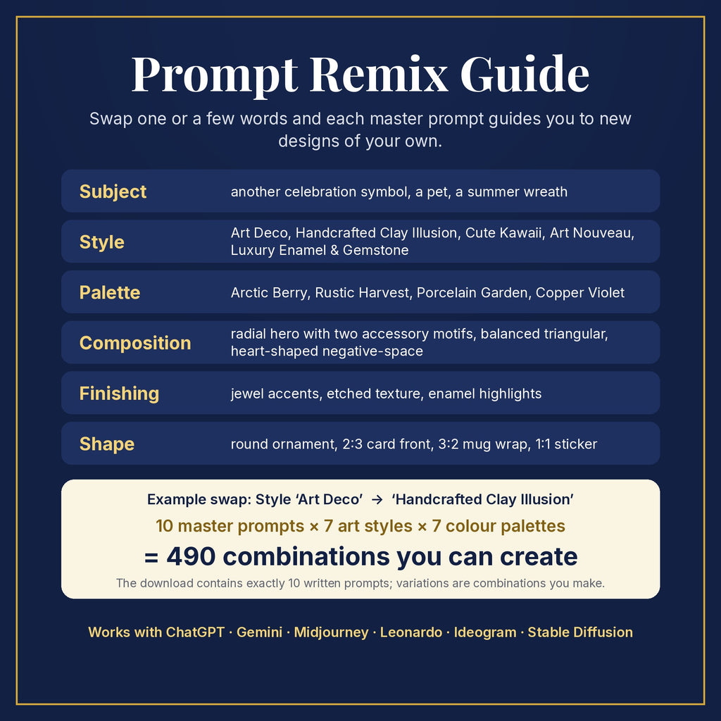 Prompt Remix Guide: swap subject, style, palette, composition, finishing and shape; 10 master prompts × 7 styles × 7 palettes = 490 combinations you can create
