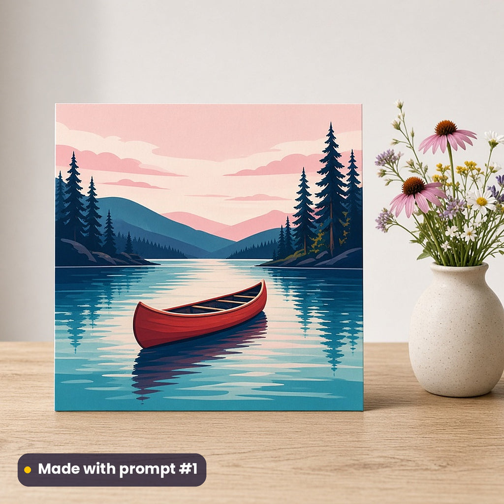 Canada Day artwork printed on a flat-printed greeting card: red canoe gliding across a calm northern lake, art deco style, made with prompt #1 from this pack