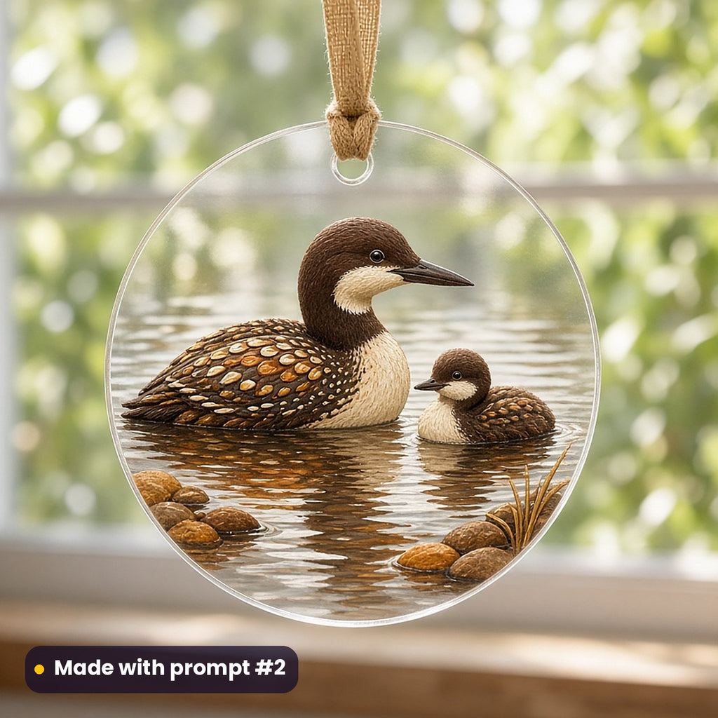 Canada Day artwork printed on a UV-printed clear acrylic ornament: common loon with chick on a lake, handcrafted clay illusion style, made with prompt #2 from this pack