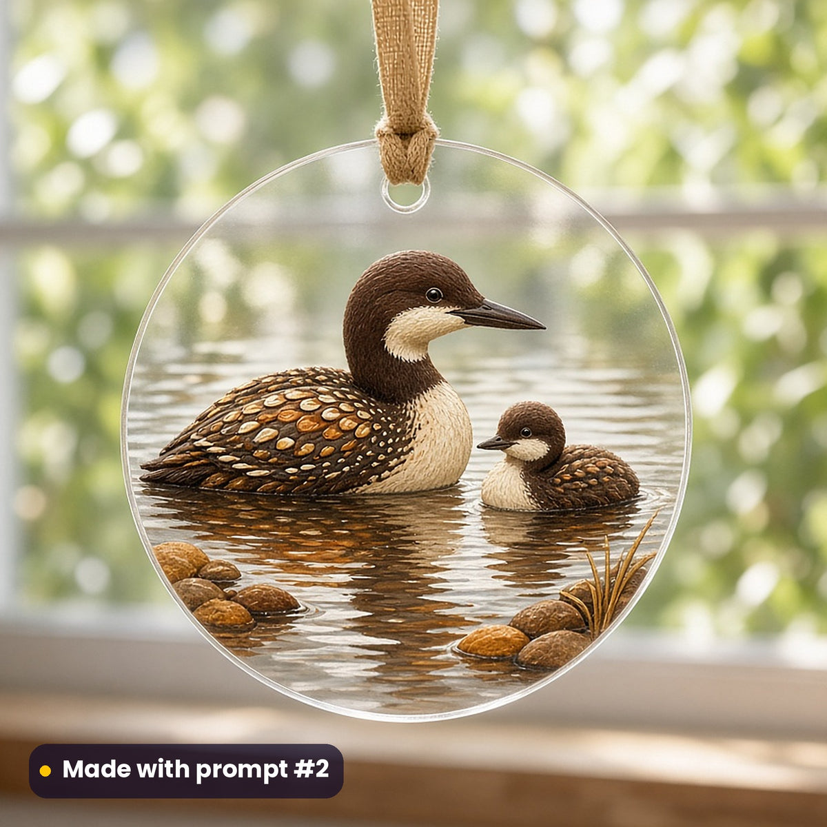 Canada Day artwork printed on a UV-printed clear acrylic ornament: common loon with chick on a lake, handcrafted clay illusion style, made with prompt #2 from this pack