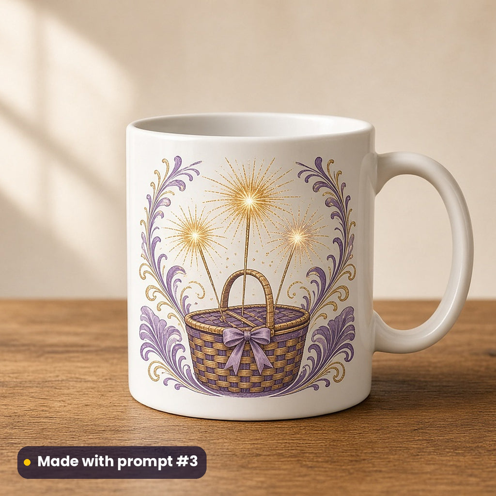 US Independence Day artwork printed on a UV-printed ceramic mug: firework rockets in a picnic basket, art nouveau style, made with prompt #3 from this pack