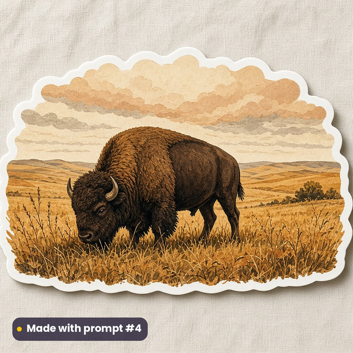 US Independence Day artwork printed on a die-cut vinyl sticker: bison grazing on golden prairie, handcrafted clay illusion style, made with prompt #4 from this pack