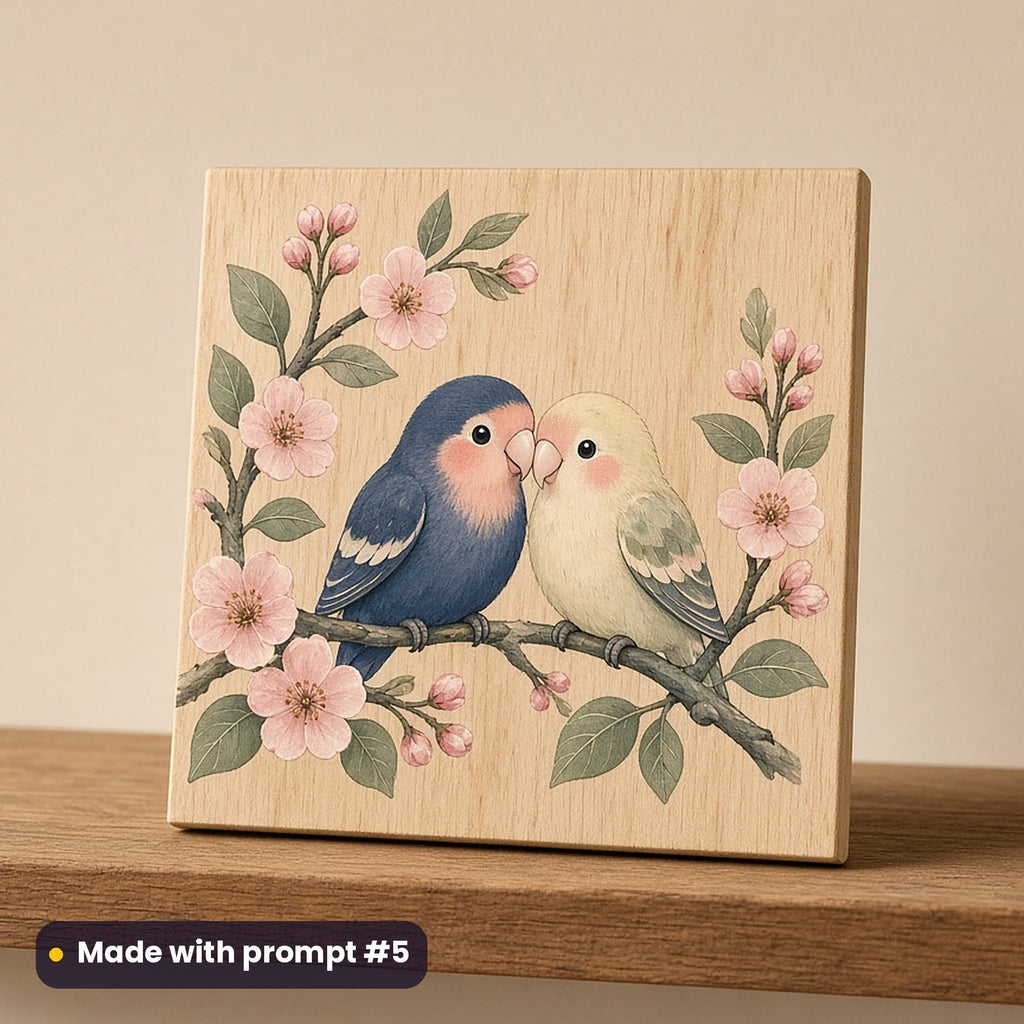 International Kissing Day artwork printed on a UV-printed wooden plaque: two lovebirds touching beaks, cute kawaii style, made with prompt #5 from this pack