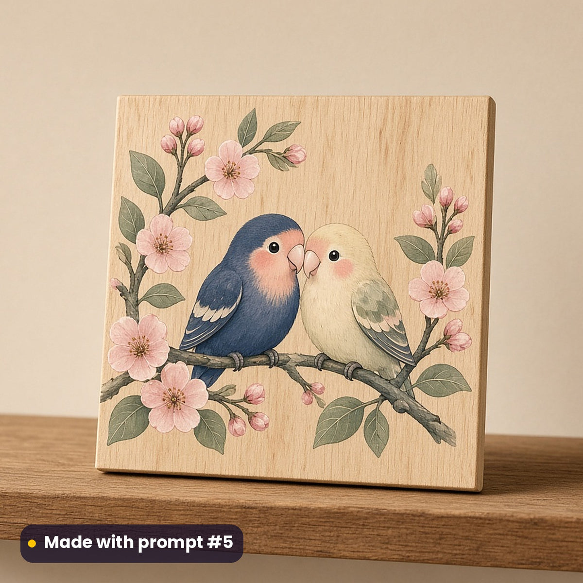 International Kissing Day artwork printed on a UV-printed wooden plaque: two lovebirds touching beaks, cute kawaii style, made with prompt #5 from this pack