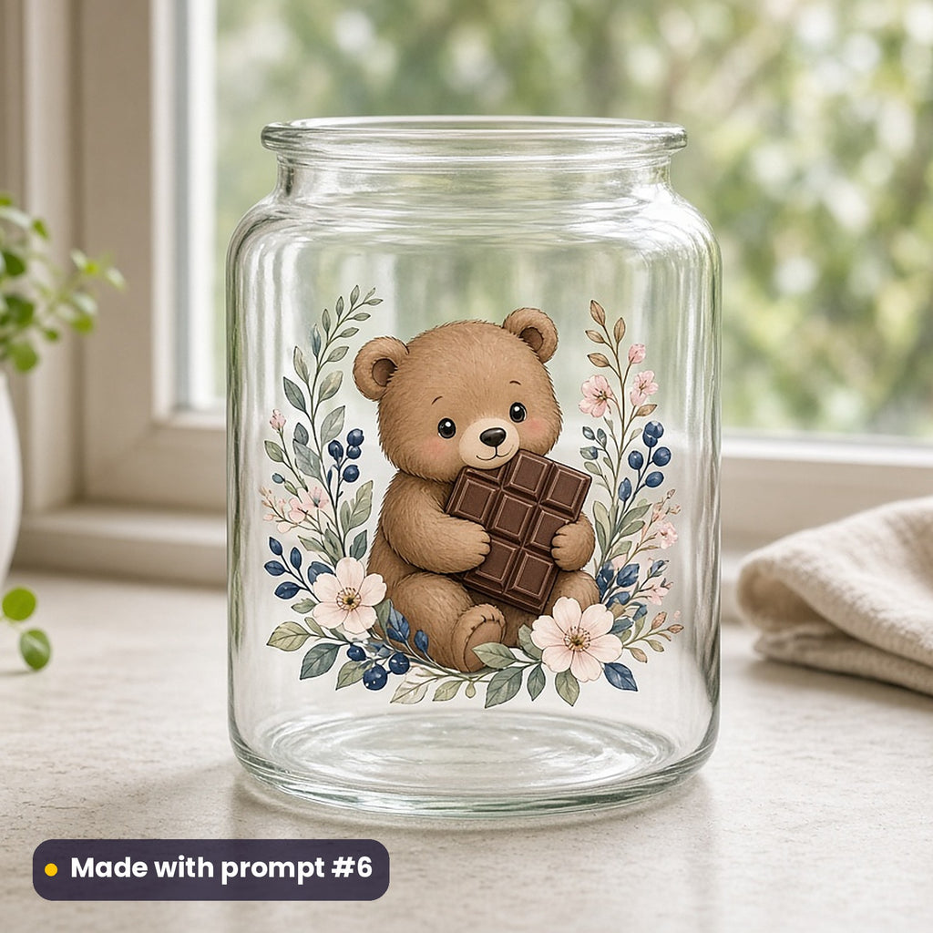 World Chocolate Day artwork printed on a UV DTF decal on glass: cute bear cub hugging a chocolate bar, cute kawaii style, made with prompt #6 from this pack