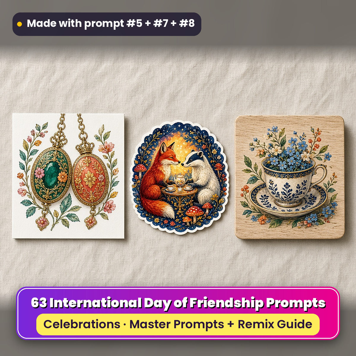 International Day of Friendship prompt pack: 63 master prompts + Remix Guide, with a UV-printed greeting card, acrylic ornament and mug set made with prompts #5, #7 and #8
