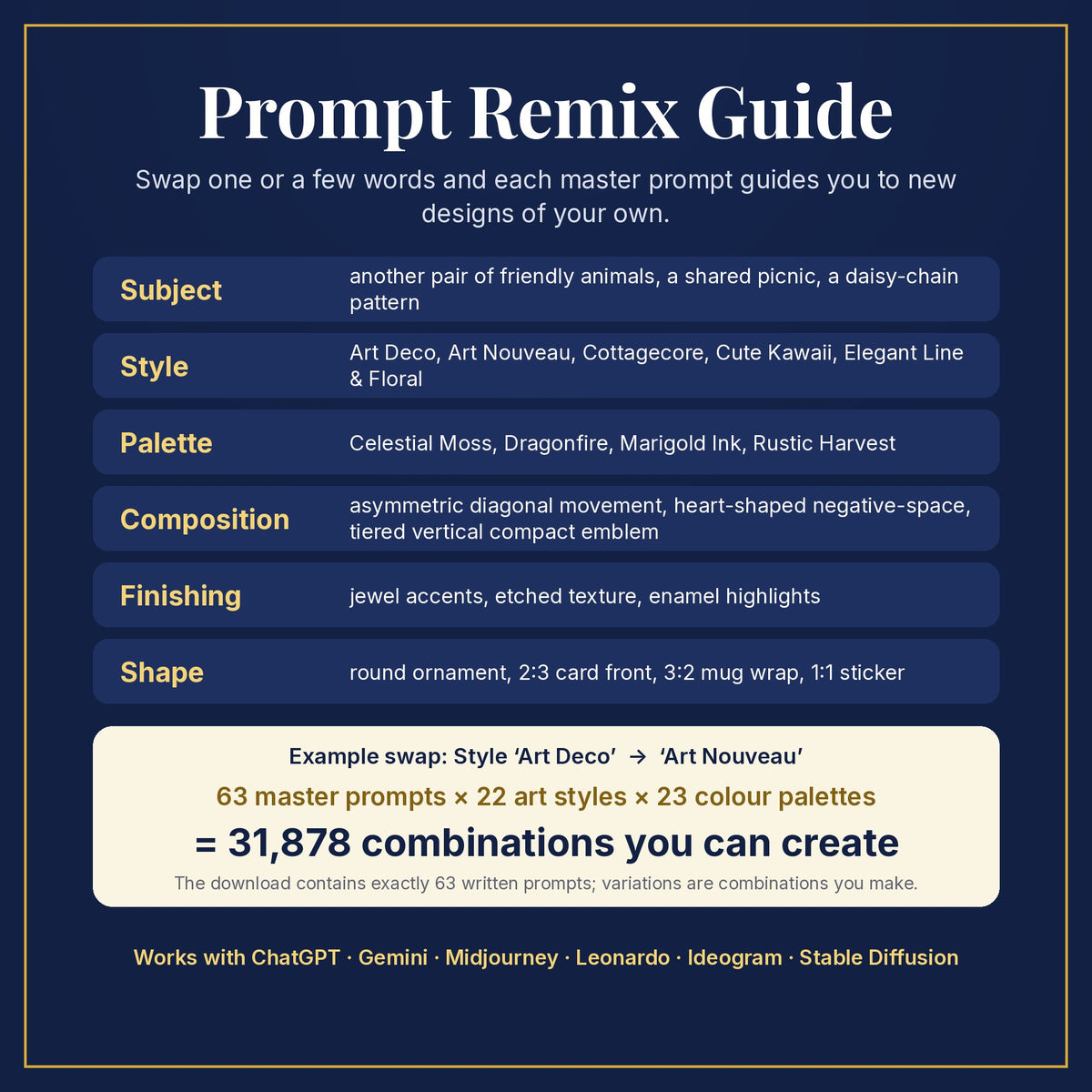 Prompt Remix Guide: swap subject, style, palette, composition, finishing and shape; 63 master prompts × 22 styles × 23 palettes = 31,878 combinations you can create
