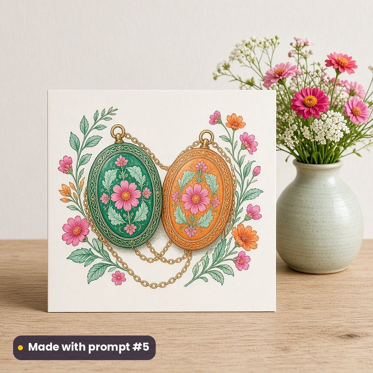 International Day of Friendship artwork printed on a flat-printed greeting card: two matching vintage lockets, elegant line & floral style, made with prompt #5 from this pack