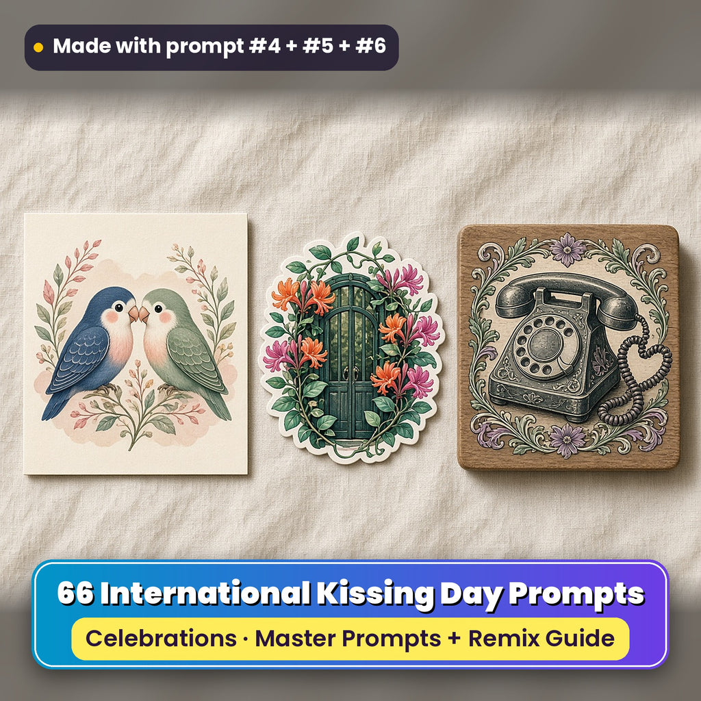 International Kissing Day prompt pack: 66 master prompts + Remix Guide, with a UV-printed greeting card, acrylic ornament and mug set made with prompts #4, #5 and #6