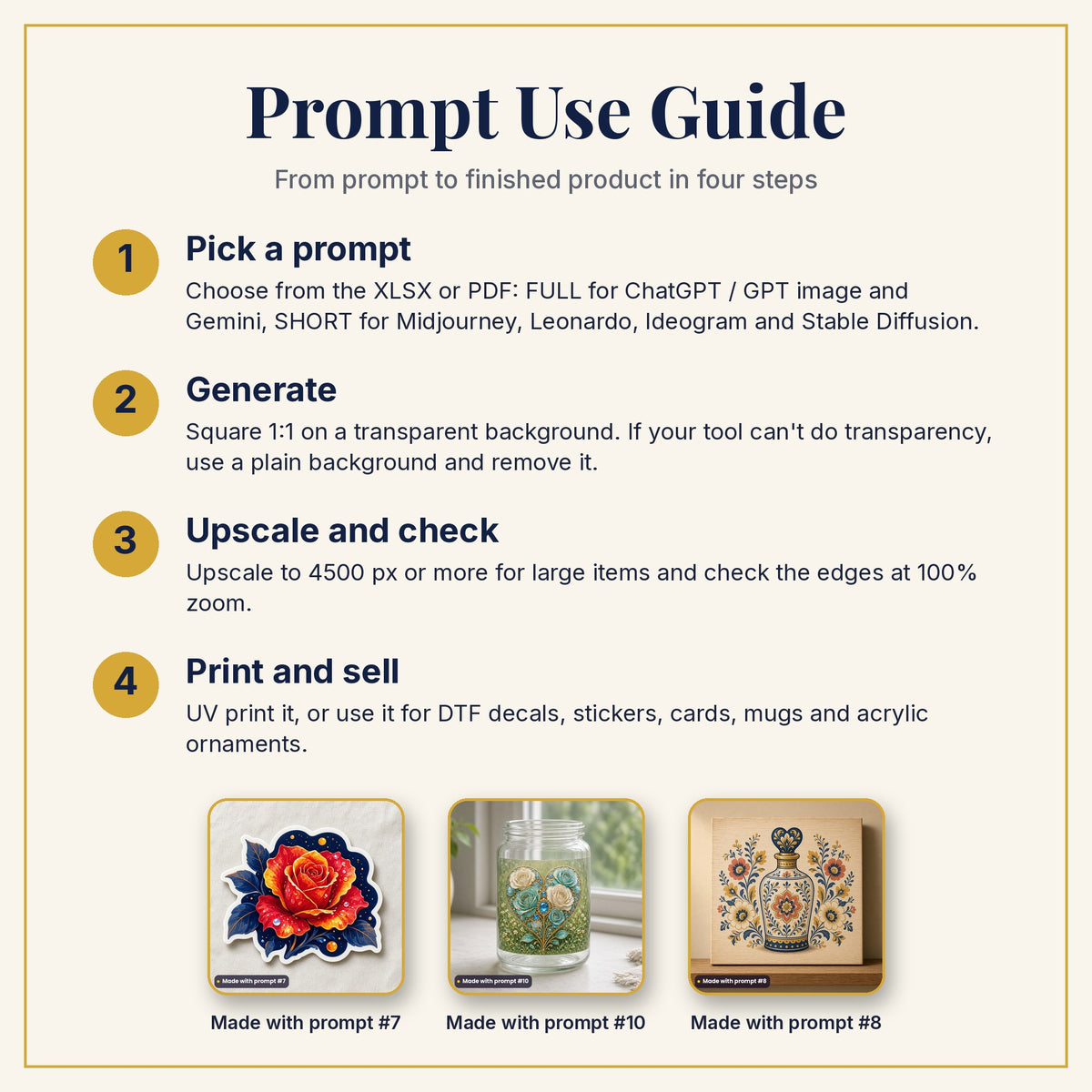 Prompt Use Guide: pick a prompt, generate, upscale and check, then print and sell, with example products made with prompts #7, #10 and #8