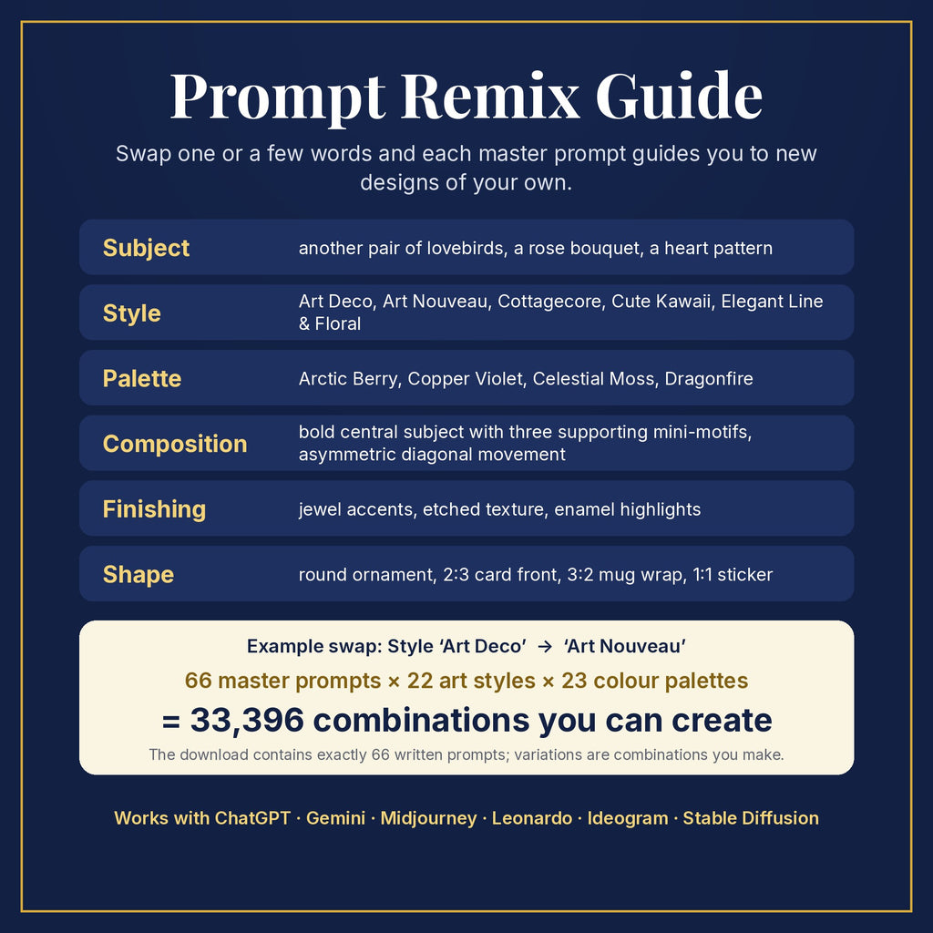 Prompt Remix Guide: swap subject, style, palette, composition, finishing and shape; 66 master prompts × 22 styles × 23 palettes = 33,396 combinations you can create