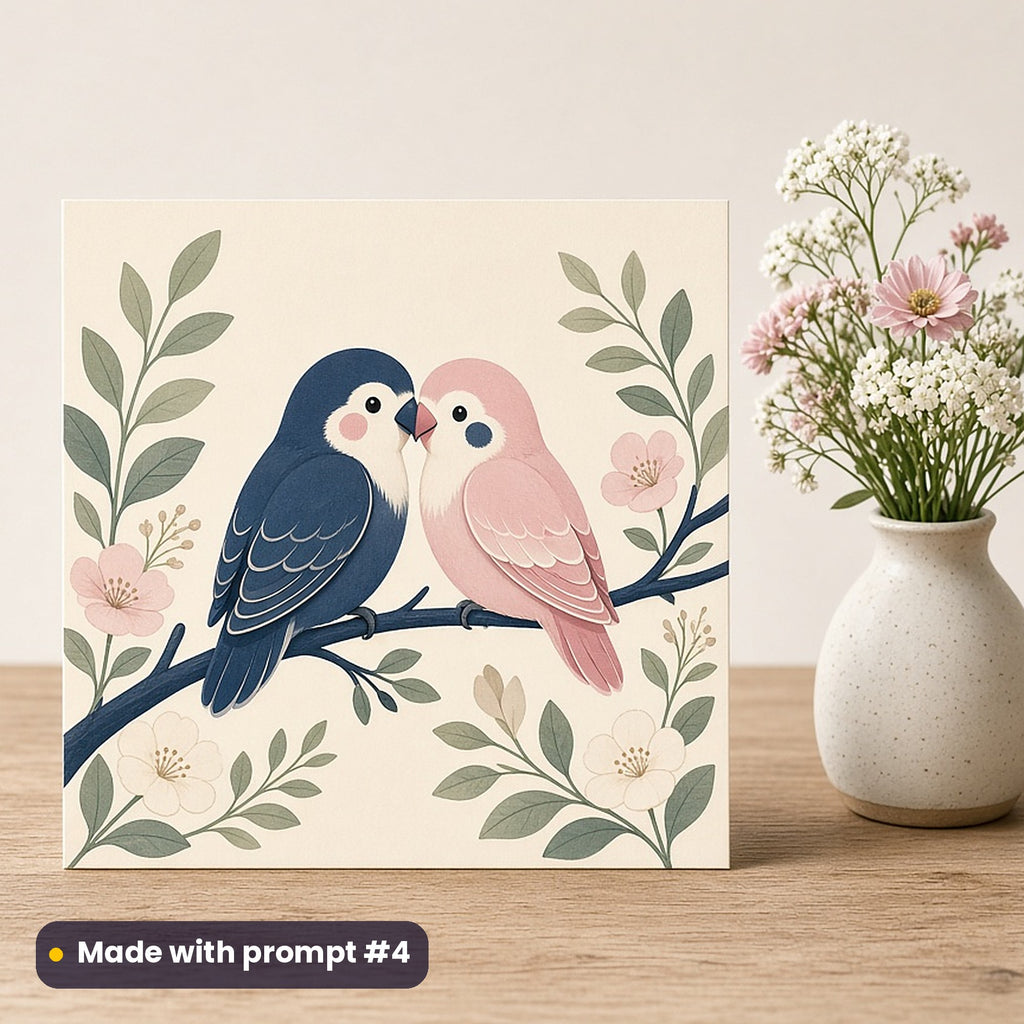 International Kissing Day artwork printed on a flat-printed greeting card: two lovebirds touching beaks, cute kawaii style, made with prompt #4 from this pack