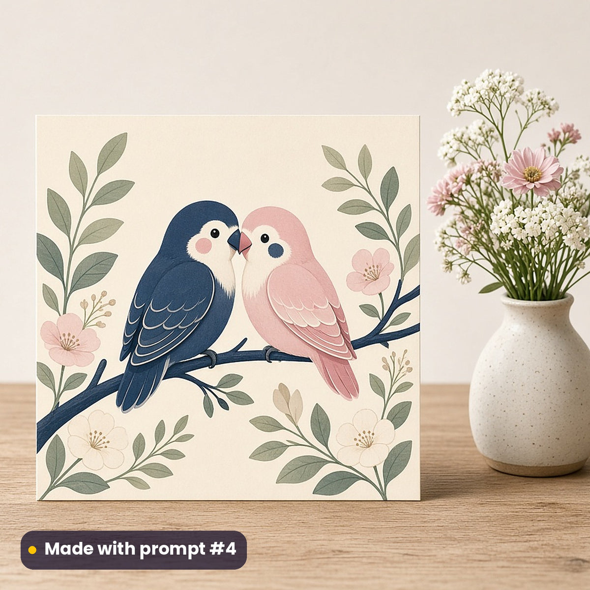 International Kissing Day artwork printed on a flat-printed greeting card: two lovebirds touching beaks, cute kawaii style, made with prompt #4 from this pack