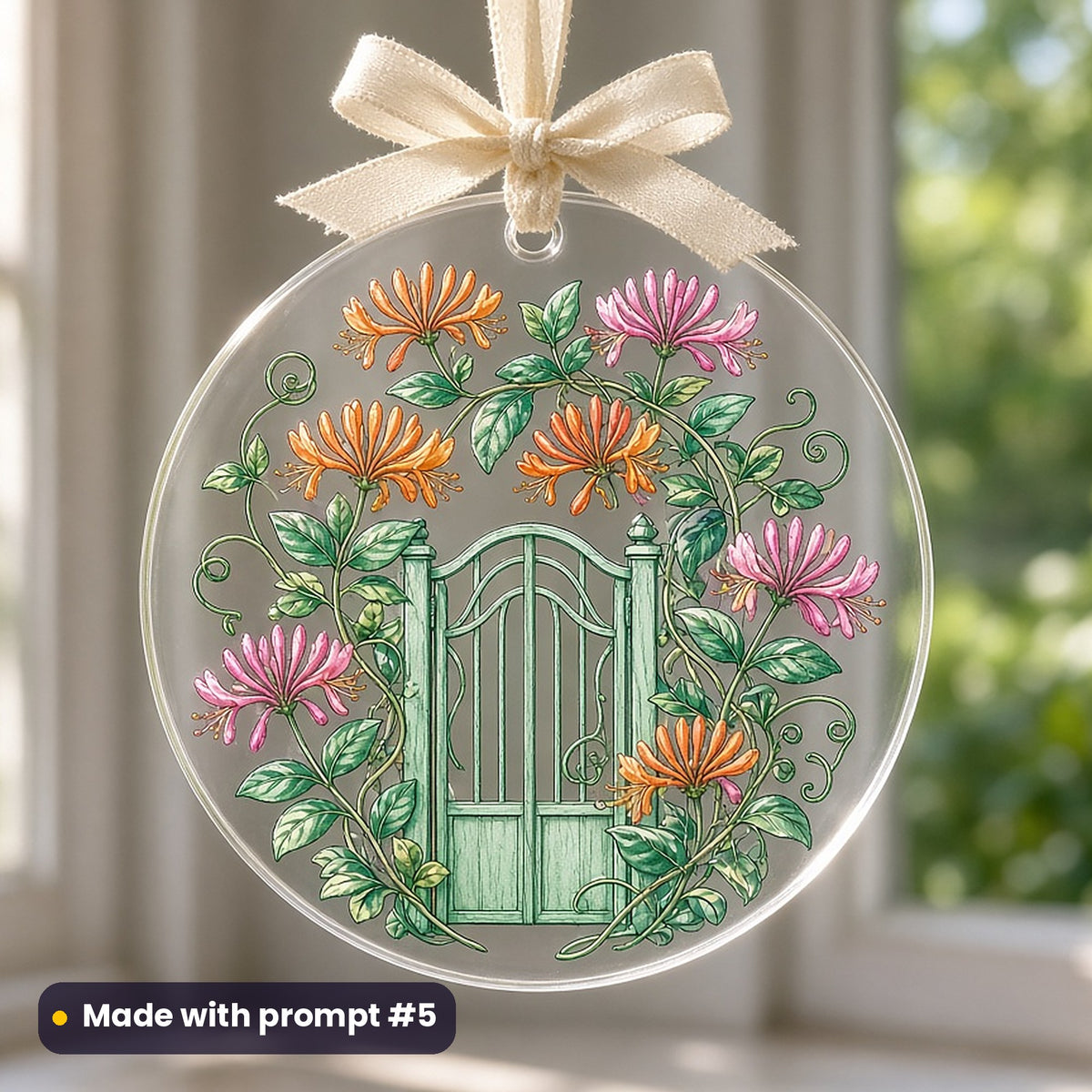 International Kissing Day artwork printed on a UV-printed clear acrylic ornament: honeysuckle twining around a gate, elegant line & floral style, made with prompt #5 from this pack