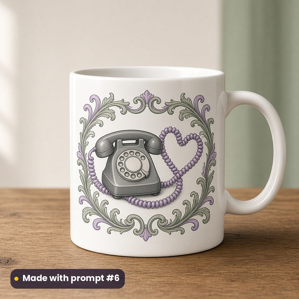 International Kissing Day artwork printed on a UV-printed ceramic mug: retro telephone with a heart cord, fantasy heraldic style, made with prompt #6 from this pack